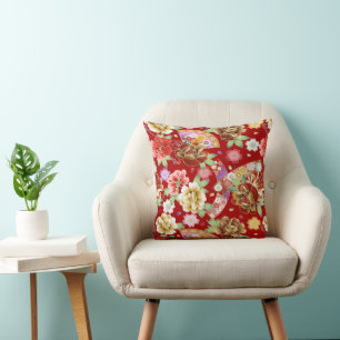 Asian Floral on Red Cushion