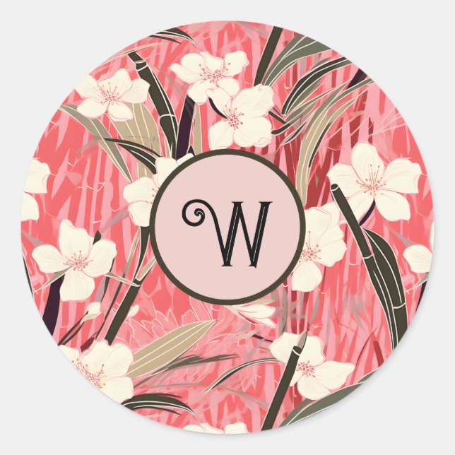 Asian Floral Pink Peach White Chinoiserie Monogram Classic Round Sticker (Front)