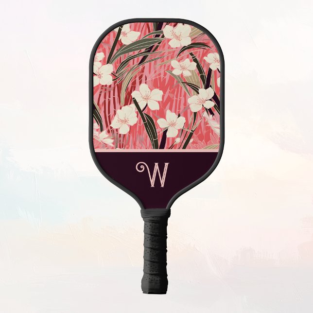 Asian Floral Pink Peach White Chinoiserie Monogram Pickleball Paddle (Creator Uploaded)