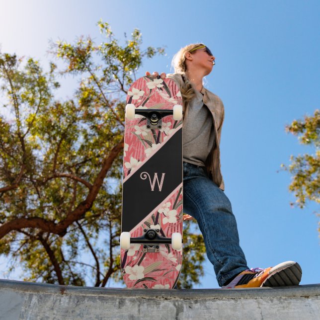 Asian Floral Pink Peach White Chinoiserie Monogram Skateboard (Outdoor 1)