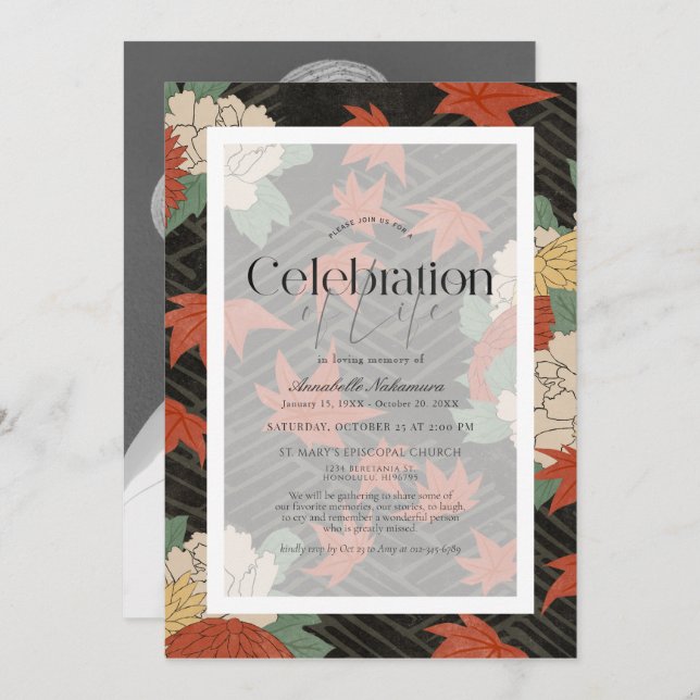 Asian Floral & Red Maple Black Funeral Memorial Invitation (Front/Back)