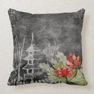 Asian flowers decor pillow or outdoor cushion