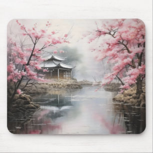 Asian Garden Pink Trees Mouse Pad