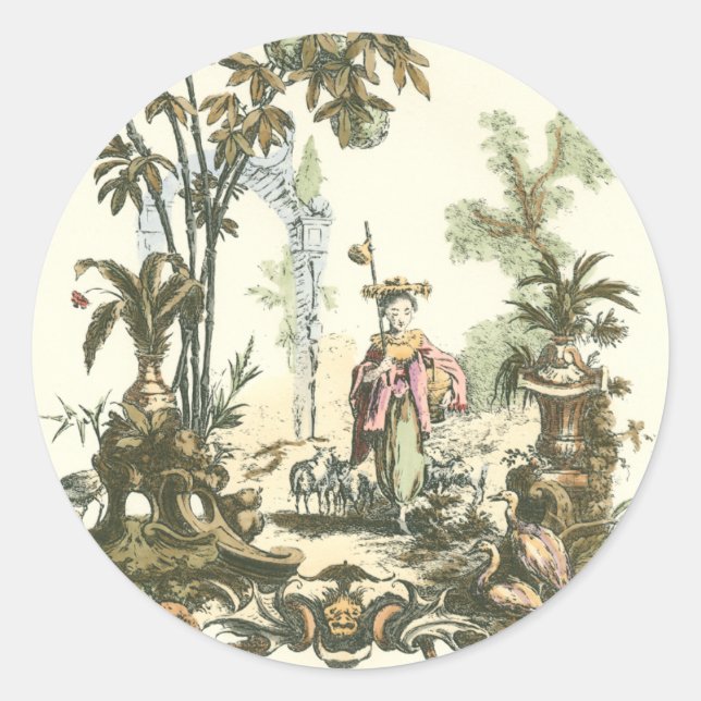 Asian Garden with Woman and Animals Classic Round Sticker (Front)