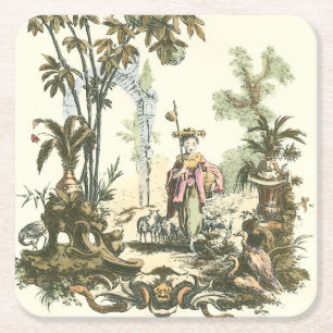 Asian Garden with Woman and Animals Square Paper Coaster