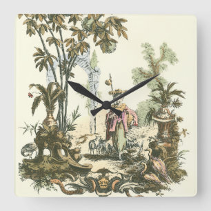 Asian Garden with Woman and Animals Square Wall Clock