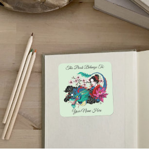 Asian Geisha Dragon Cherry Blossoms Blue Bookplate Square Sticker