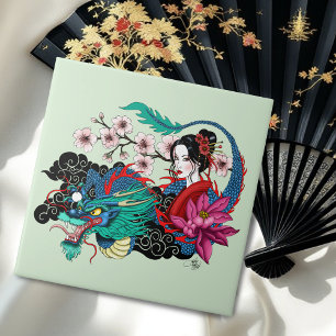 Asian Geisha Dragon Cherry Blossoms Blue Ceramic Tile