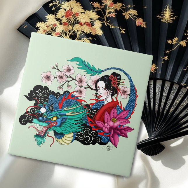 Asian Geisha Dragon Cherry Blossoms Blue Ceramic Tile (Creator Uploaded)