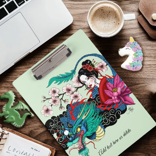 Asian Geisha Dragon Cherry Blossoms Blue Clipboard