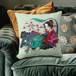 Asian Geisha Dragon Cherry Blossoms Blue Cushion