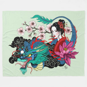 Asian Geisha Dragon Cherry Blossoms Blue Fleece Blanket