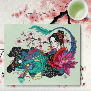 Asian Geisha Dragon Cherry Blossoms Blue Jigsaw Puzzle