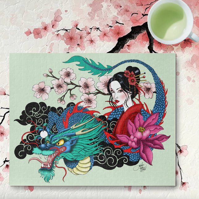 Asian Geisha Dragon Cherry Blossoms Blue Jigsaw Puzzle (Creator Uploaded)