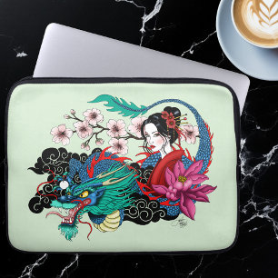Asian Geisha Dragon Cherry Blossoms Blue Laptop Sleeve