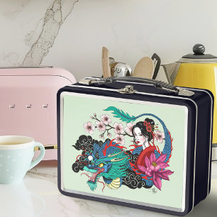 Asian Geisha Dragon Cherry Blossoms Blue Metal Lunch Box