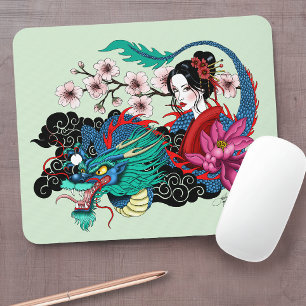 Asian Geisha Dragon Cherry Blossoms Blue Mouse Pad