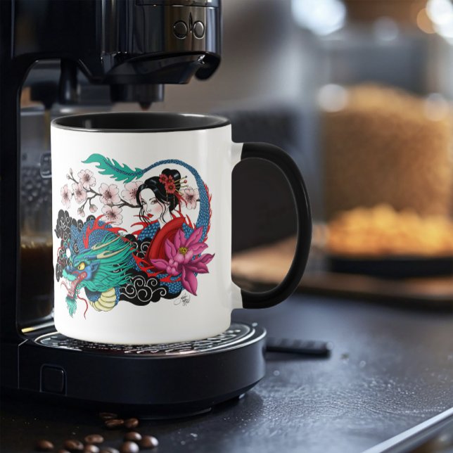 Asian Geisha Dragon Cherry Blossoms Blue Mug (Creator Uploaded)