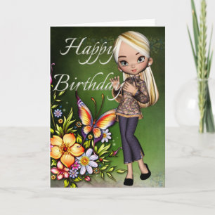 Asian Girl Beautiful Flowers Happy Birthday Card 4