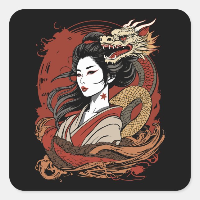 Asian Girl | Chinese Dragon Square Sticker (Front)