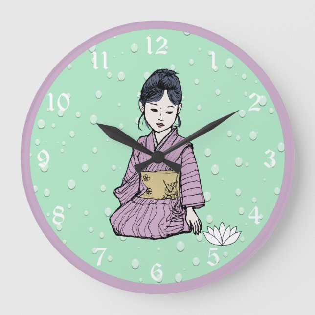 Asian Girl in Pink Mauve Kimono White Lotus Water Large Clock (Front)