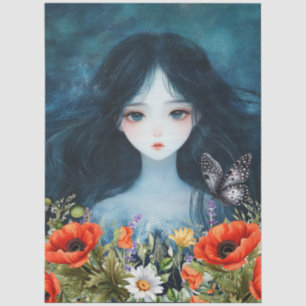 Asian Girl Wildflowers & Red Poppies Abstract Art  Tissue Paper
