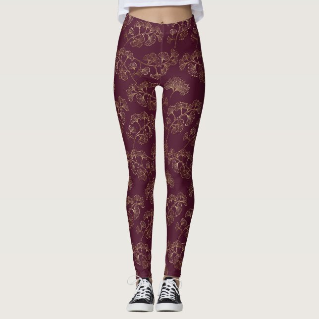 Asian Gold Botanical Pattern Leggings (Front)