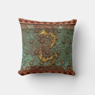 Asian Gold Dragon on Corroded Metal-look Pillow