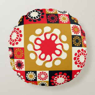 Asian Gold Red Mosaic, Ethnic Style. Round Cushion