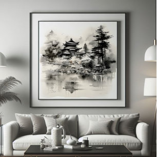 Asian House Ink Painting Photo Print