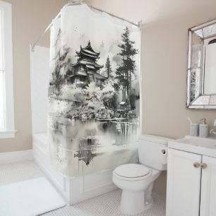 Asian House Ink Painting Shower Curtain