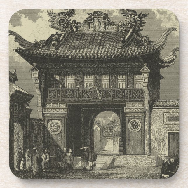 Asian Imperial Temple in Black & White Coaster (Front)