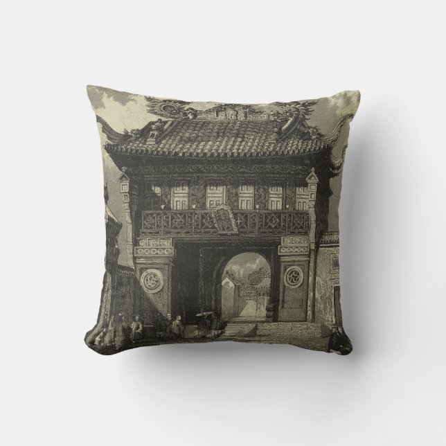Asian Imperial Temple in Black & White Cushion (Front)