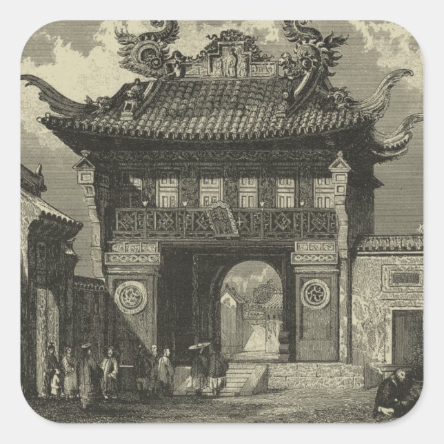 Asian Imperial Temple in Black & White Square Sticker (Front)