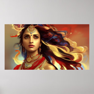Asian Indian woman colourful red gold Blue Poster
