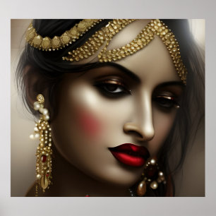 Asian Indian woman Red Lips gold glamourous Poster