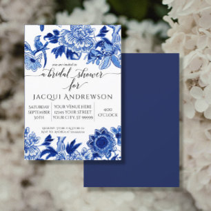 Asian Influence Blue White Floral 2 Bridal Shower Invitation