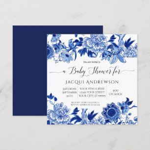 Asian Influence Blue White Floral Baby Shower Invitation