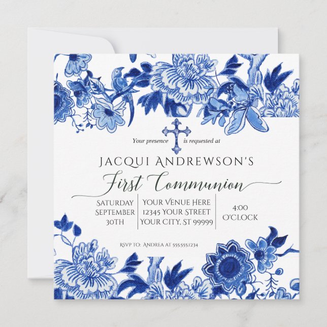 Asian Influence Blue White Floral First Communion  Invitation (Front)