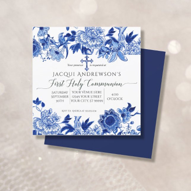 Asian Influence Blue White Floral First Communion  Invitation (Creator Uploaded)