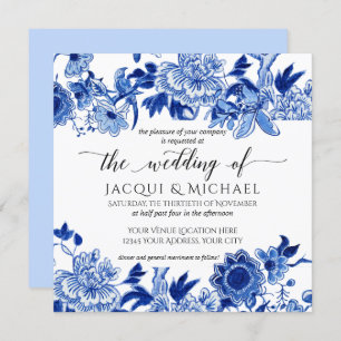 Asian Influence Light Blue Floral Wedding Artwork Invitation