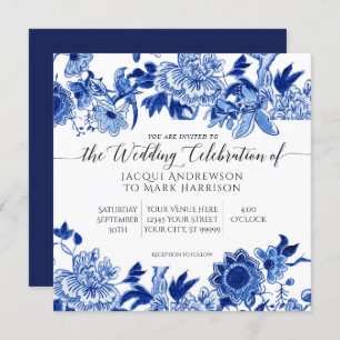 Asian Influence Navy Blue and White Floral Wedding Invitation
