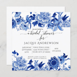 Asian Influence White Blue Floral  Bridal Shower Invitation