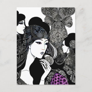 Asian ink woman art, Postcrossing Postcard