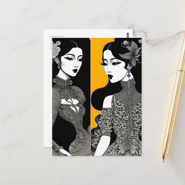 Asian ink woman art, Postcrossing Postcard (Front/Back In Situ)
