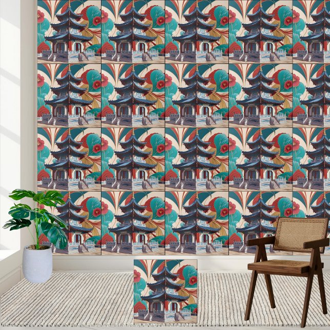 Asian-Inspired Floral Art Chinoiserie Pagoda Tile (Asian-Inspired Floral Art Chinoiserie Pagoda Tile)