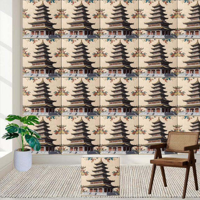 Asian-Inspired Floral Temple Chinoiserie Pagoda  Ceramic Tile (Asian-Inspired Floral Temple Chinoiserie Pagoda Ceramic Tile)