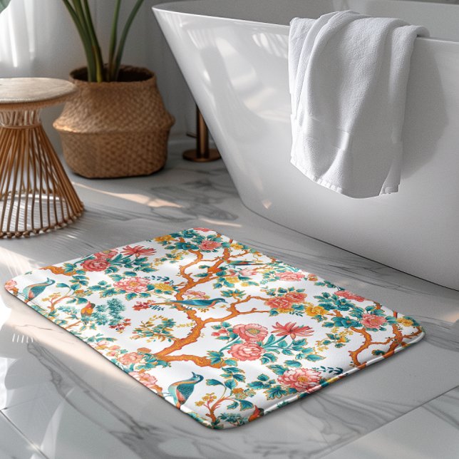 Asian-Inspired Patterns, Colourful Flowers Birds Bath Mat (Creator Uploaded)