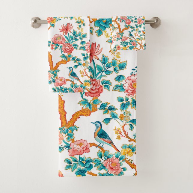 Asian-Inspired Patterns, Colourful Flowers Birds Bath Towel Set (Insitu)