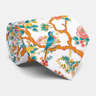 Asian-Inspired Patterns, Colourful Flowers Birds Tie